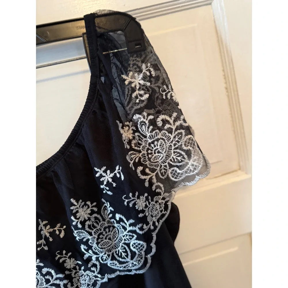 Maurices Women Black One Shoulder Lace Ruffle Top Floral Mesh Blouse size Large
